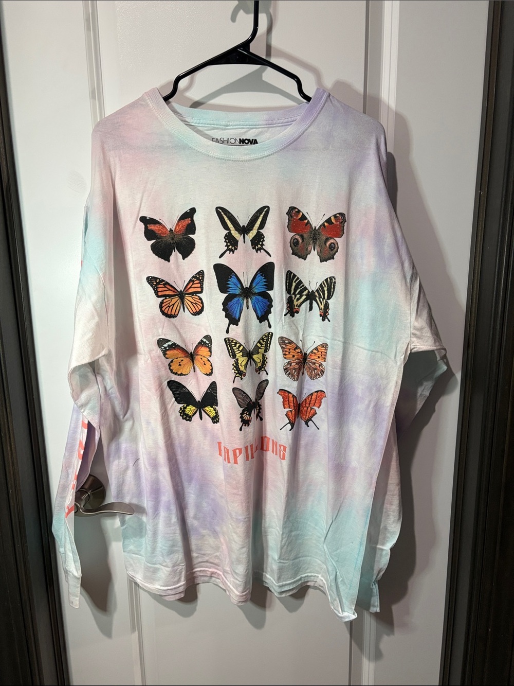 Fashion Nova Pastel Tie-Dye Long Sleeve Tee with Multicolor Butterfly Print NWOT